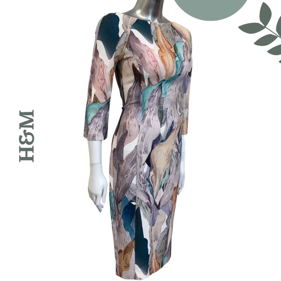 🛍️3/$40 H&M Abstract Print Bodycon Dress Marble 3/4 Sleeve – Size 2 (US) - Picture 3 of 7